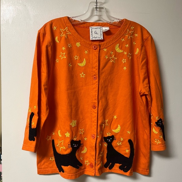 Vintage Michael Simon Orange knit top with Black Cat Design - Picture 1 of 8